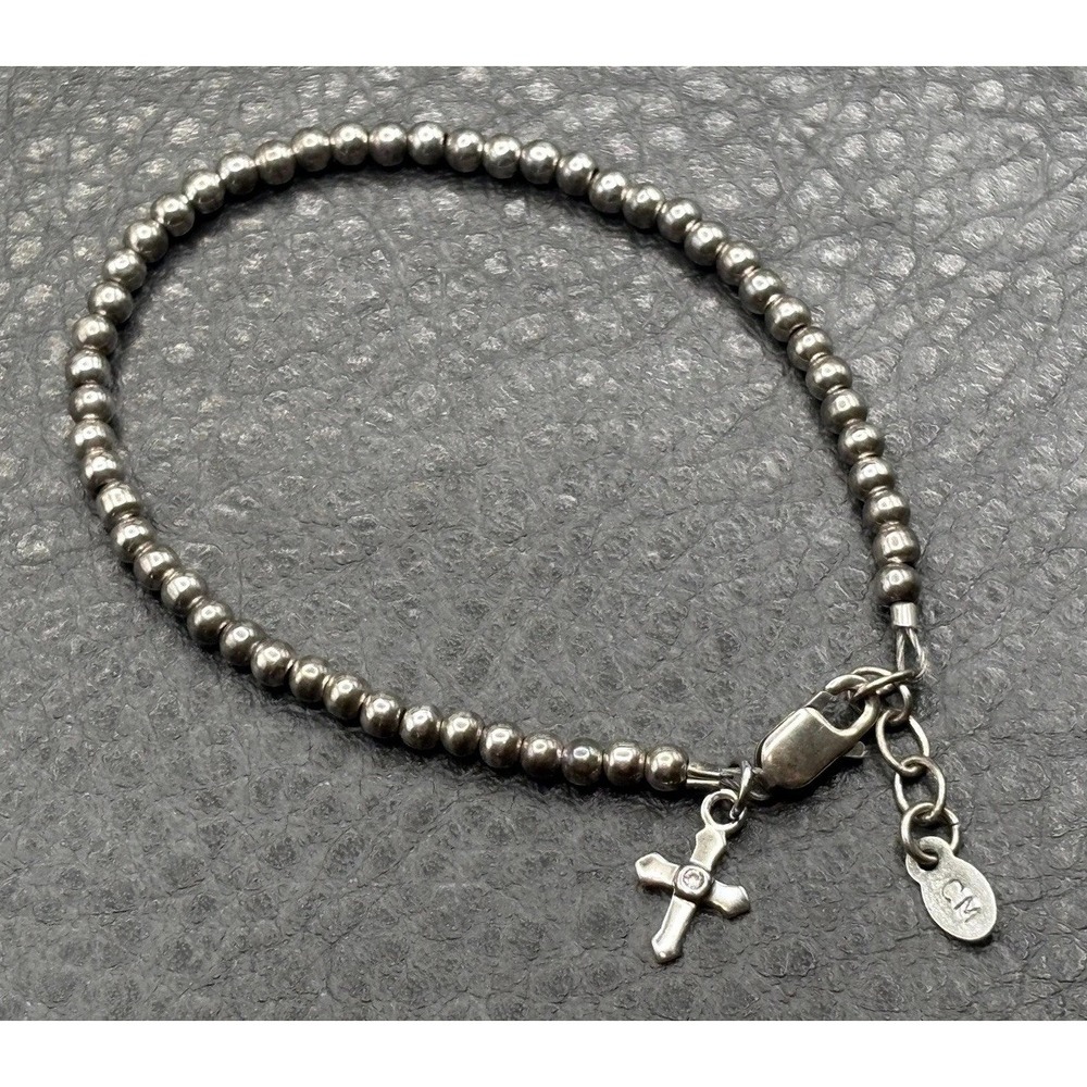 Vintage Sterling Silver 925 Beaded Bracelet Cross Charm Religious 6.5"